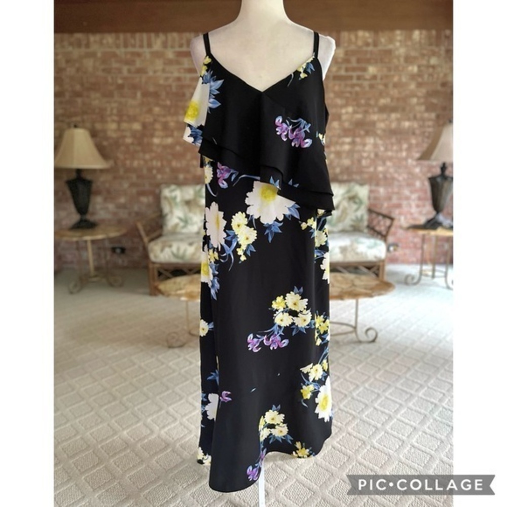 Roz & Ali Midi Dress Black Floral Asymmetrical Hem Tiered Bodice 16 Cocktail